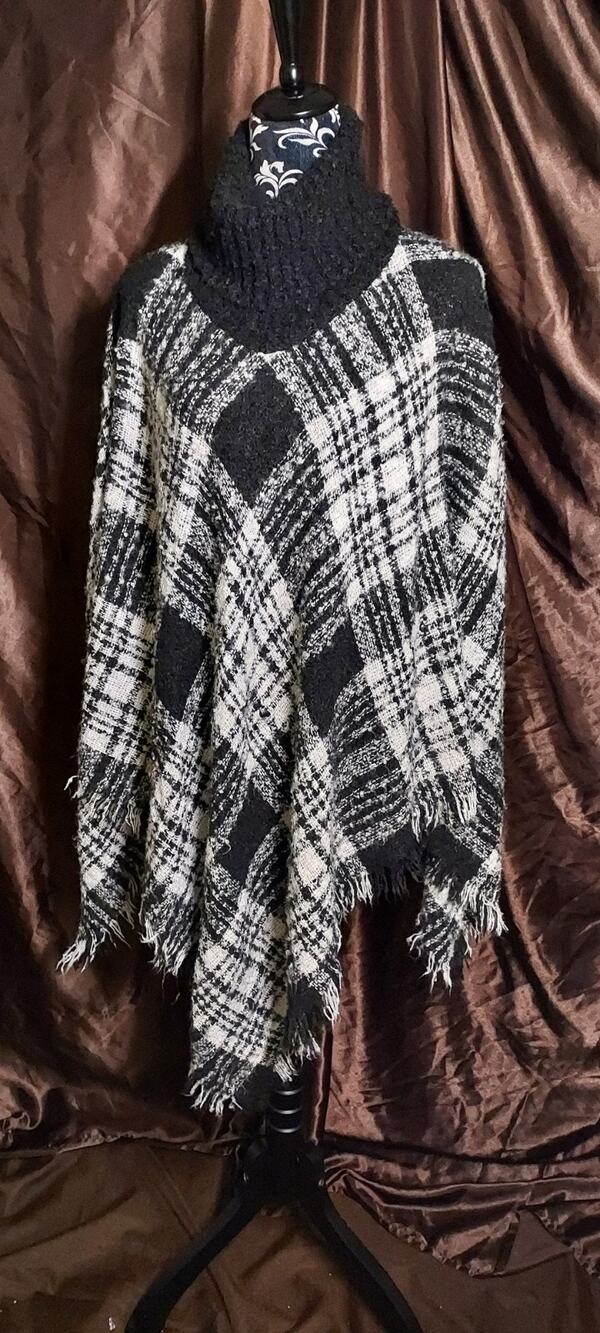Black and White Plaid Poncho/Cover Up One Size w/ Cowl Neck